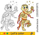 A cute mummy. Halloween concept. Coloring book page for children with colorful template. Vector cartoon illustration. For print, preschool education and game