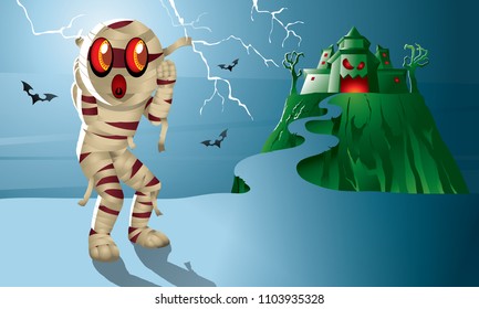 A cute Mummy with a haunted castle.