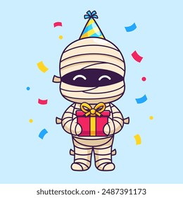 Cute Mummy Holding Gift Box Birthday Party Cartoon Vector Icon Illustration. People Holiday Icon Concept Isolated Premium Vector. Flat Cartoon Style