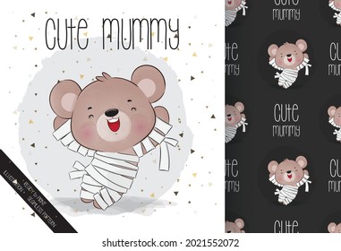 Cute Mummy Little Bear Happy Halloween  With Seamless Pattern