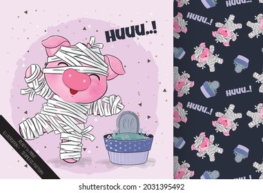 Cute mummy little pig happy Halloween  with seamless pattern: can be used for cards, invitations, baby shower, posters; with white isolated background
