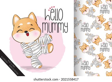 Cute mummy little puppy happy Halloween  with seamless pattern