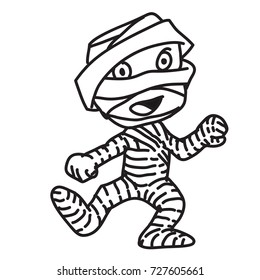 Cute Mummy monster cartoon isolated on white background. Black and White simple line Vector Illustration for Coloring Book - Linear Vector