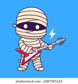 Cute Mummy Playing Electric Guitar Cartoon Vector Icon Illustration. Holiday Music Icon Concept Isolated Premium Vector. Flat Cartoon Style