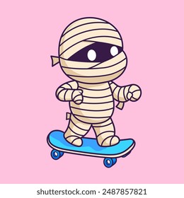 Nette Mumie Spielende Skateboard Cartoon Vektorgrafik Icon Illustration. Festliche Musik Sport Icon Concept Isolated Premium Vektorgrafik. Flacher Zeichentrickstil