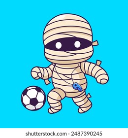 Cute Mummy Playing Soccer Ball Cartoon Vector Icon Illustration. Holiday Sport Icon Concept Isolated Premium Vector. Flat Cartoon Style