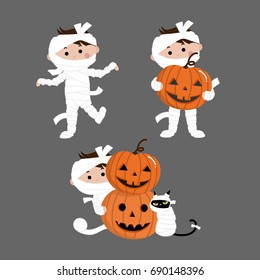 Cute mummy with pumpkin set, Halloween holidays cartoon character. -vector.