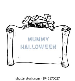 Cute mummy with scroll black and white vector isolated on white background. Black and White Simple Linear Vector Illustration for Coloring Book-Linear Vector, for Halloween Party Invitations