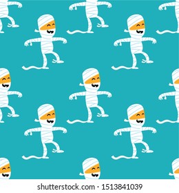 Cute mummy seamless pattern. Funny halloween designs. Kids room decoration.