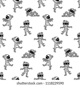 Cute mummy seamless pattern and vector. Halloween cartoon character background. 