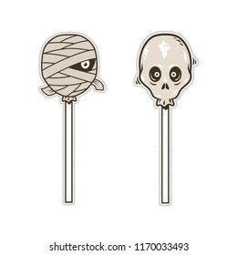 Cute mummy, skull candy halloween. Vector design for sticker or patch