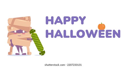 cute mummy stands with a big candy, happy halloween