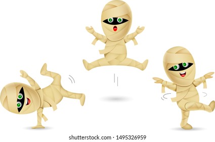 Cute mummy three acts. Halloween characters design. Happy Halloween concept. Illustration isolated on white background.