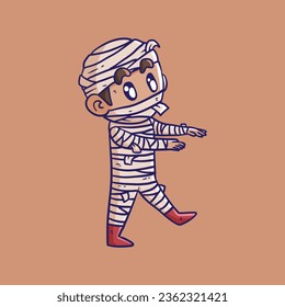 Cute Mummy Vector Cartoon Illustration on Scary Pose. Halloween Mummy Costume. Cute Mummy Costume on Halloween Party.