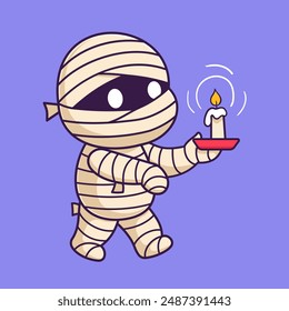 Cute Mummy Walking With Candle Light Cartoon Vector Icon Illustration. Holiday Object Icon Concept Isolated Premium Vector. Flat Cartoon Style