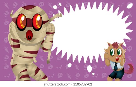 A cute Mummy and wolf man with spooky background.