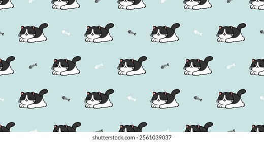 Cute munchkin cat white and black color lwith fishbone cartoon seamless pattern, vector illustration