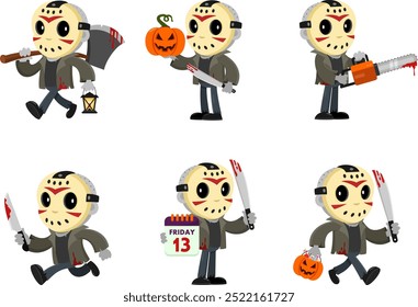 Personaje lindo de la historieta del asesino. Conjunto de Colección de diseño plano de Vector aislado sobre fondo transparente