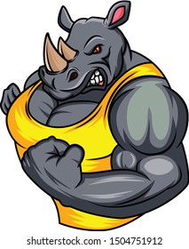 cute muscle rhino cartoon posing