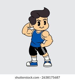 A Cute Muscular boy wear workout outfit flexing her biceps confidently in a retro cartoon character mascot illustration