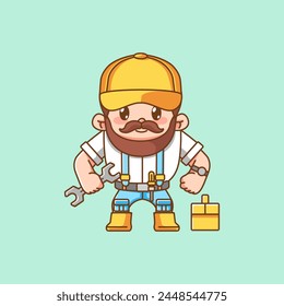 Cute muscular mechanic with tool at workshop kawaii chibi character mascot illustration outline style design set