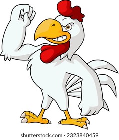 Cute muscular rooster cartoon on white background