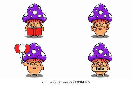 Cute Mushroom Activities: Reading Book, Holding Drink, Balloons, Hallo Sign
