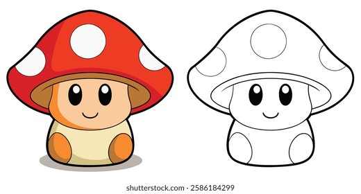 Cute Mushroom Cartoon Character Coloring Book For Kids Printable Vector