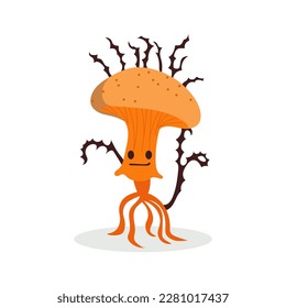 Cute mushroom. Cartoon fungus cordyceps. Mushroom spread concept. Microorganisms. Funny character on white background