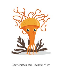 Cute mushroom. Cartoon fungus cordyceps. Mushroom spread concept. Microorganisms. Funny character on white background