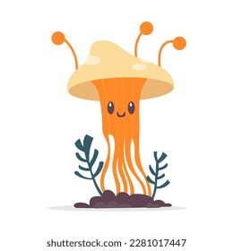 Cute mushroom. Cartoon fungus cordyceps. Mushroom spread concept. Microorganisms. Funny character on white background