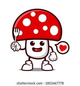 cute mushroom cartoon mascot character funny expression with holding fork
