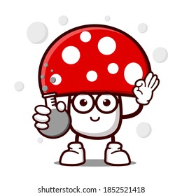 cute mushroom cartoon mascot character funny expression with holding chemical bottle