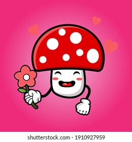 cute mushroom cartoon mascot character funny expression giving flower