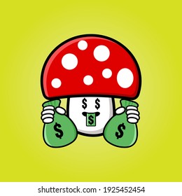 cute mushroom cartoon mascot character funny expression with money eye and holding money pouch