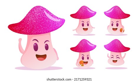 Cute mushroom cartoon vegetable characters many pose isolated on white background