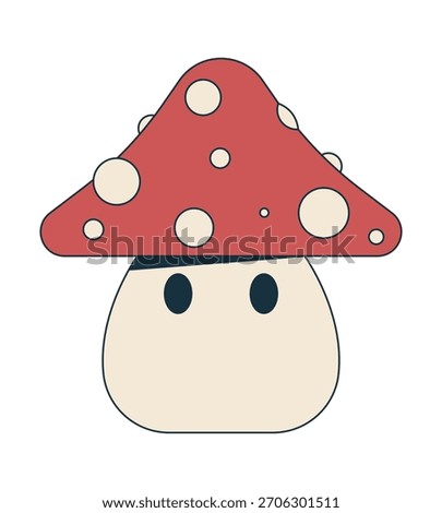 Cute mushroom character 2D cartoon object. Kawaii style fungus amanita muscaria with polka-dot cap and playful eyes. Fantasy mascot isolated element flat vector clip art on white. Spot illustration