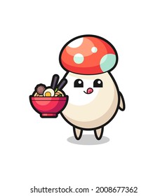 cute mushroom character eating noodles , cute style design for t shirt, sticker, logo element