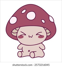 A cute mushroom character with its eyes closed and small hands, featuring a red cap with white spots. Minimalist cartoon style