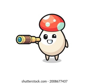 cute mushroom character is holding an old telescope , cute style design for t shirt, sticker, logo element