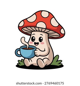 Cute mushroom character holding steaming cup of coffee with steam, sitting on grass