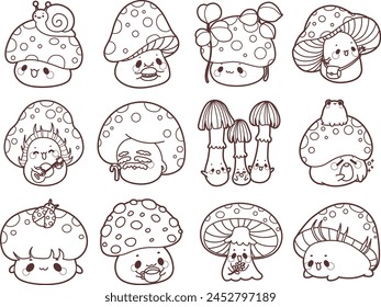 Cute Mushroom character icon set. Elements of mushroom cartoon nature plants. Mushroom cute style illustrations.