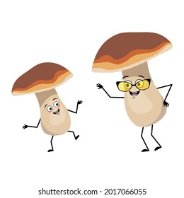 Cute mushroom character with joyful emotions, smile face, happy eyes, arms and legs. A funny healthy wholesome food, forest plant, grandmother with glasses and grandson