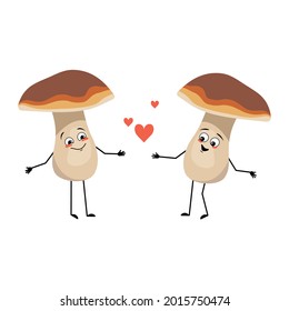 Cute Mushroom Character With Love Emotions, Smile Face, Arms And Legs. A Funny Healthy Wholesome Food, Forest Plant Fall In Love