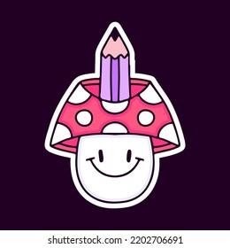 Cute mushroom character with pencil cartoon, illustration for t-shirt, sticker, or apparel merchandise. With modern pop style.