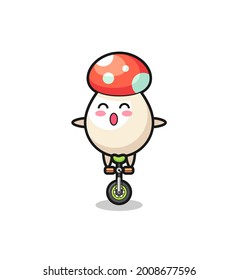 The cute mushroom character is riding a circus bike , cute style design for t shirt, sticker, logo element