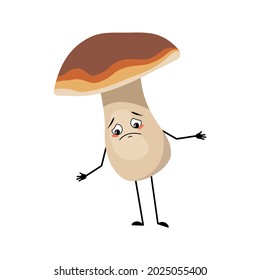 Cute mushroom character with sad emotions, depressed face, down eyes, arms and legs. A funny healthy wholesome food, forest plant