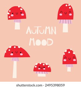 Cute mushroom characters. Childish print for stickers, party invitation and background