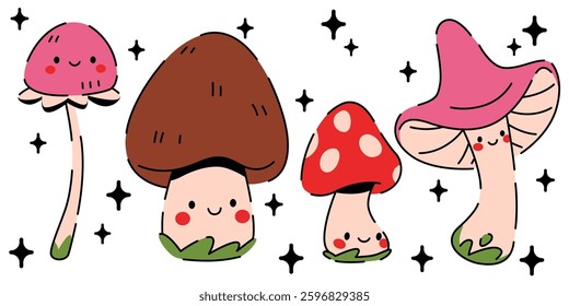 Cute mushroom characters mascot pack - adorable pink toadstool, spotted chestnut bolete, scarlet fly agaric cartoons stand on green grass. Whimsical fungi emoticons for kids decorative design.