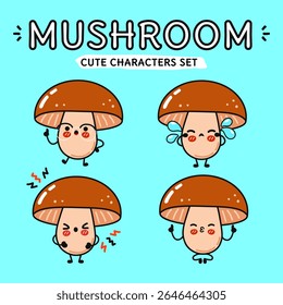 Cute mushroom characters set with different emotions, a charming illustration.